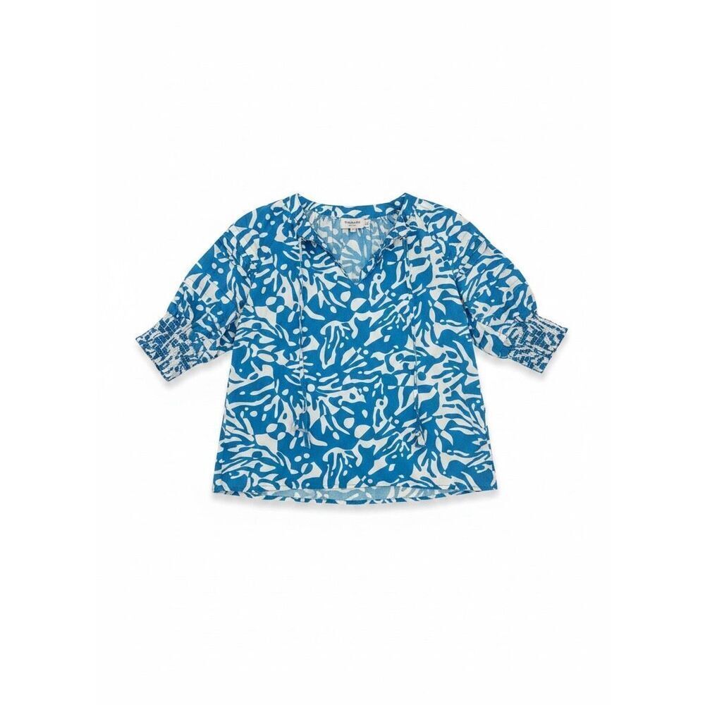 Olivia James The Label 100% Cotton Blouse Short Sleeve Size XS Blue White Patter